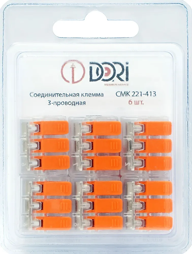 Соединительная клемма Dori (СМК221-413) 3-проводная, прозрачная 6 шт.