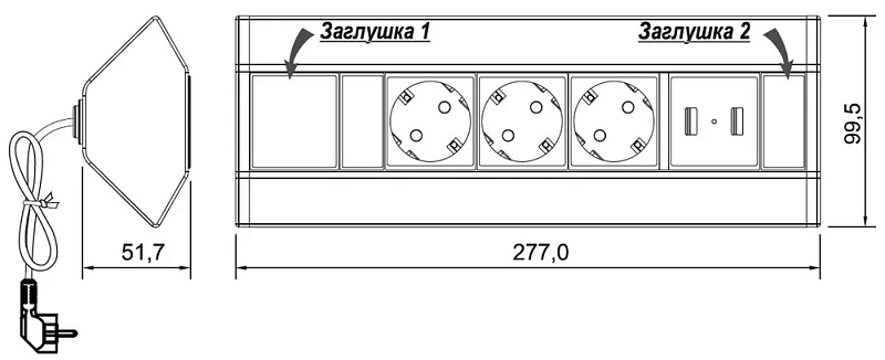 43041 Блок розеток угловой TRINGLE-U, 3EURO+2USB, серебристый   NEW