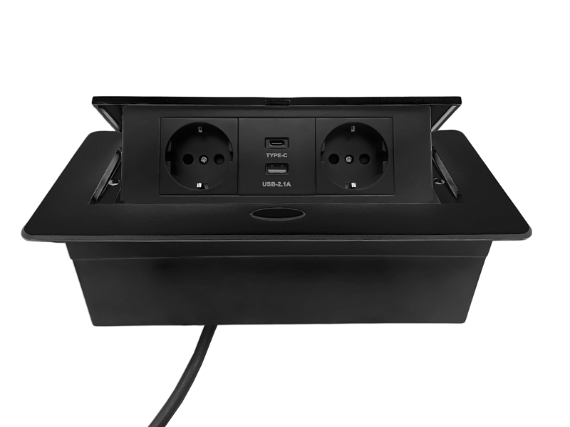 51729 Блок розеток Dori POP UP 2+USB-A+USB-C, выдвижной горизонтальный чёрный