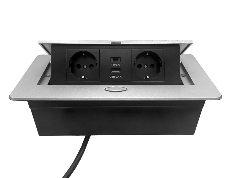 51736 Блок розеток Dori POP UP 2+USB-A+USB-C, выдвижной горизонтальный серебро