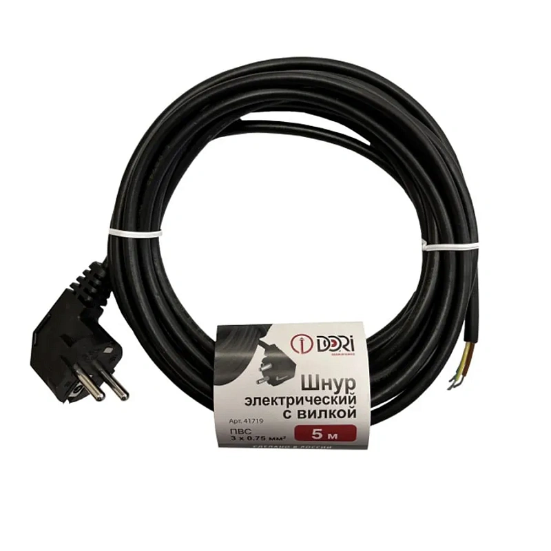 41719 Шнур ПВС 3х0,75 с вилкой  чёрный 5 м