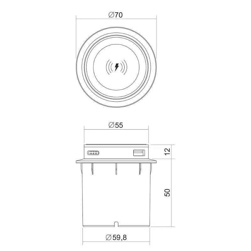 49685 LIFT mini Источник питания POP UP зарядное устройство встраиваемое, D70*50, белое, вход: 12В, 3А, беспроводное зарядное устройство 10Вт, USB-A+USB-C 18Вт, провод 1м адаптер 220В 36Вт