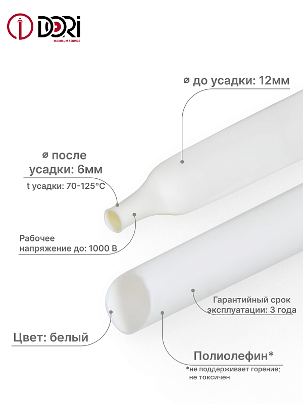 49777 Термоусаживаемая трубка ТУТ 12/6, ролл 3м, белая