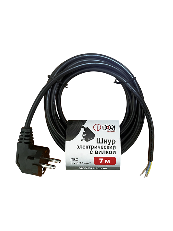41726 Шнур ПВС 3х0,75 с вилкой  чёрный 7 м