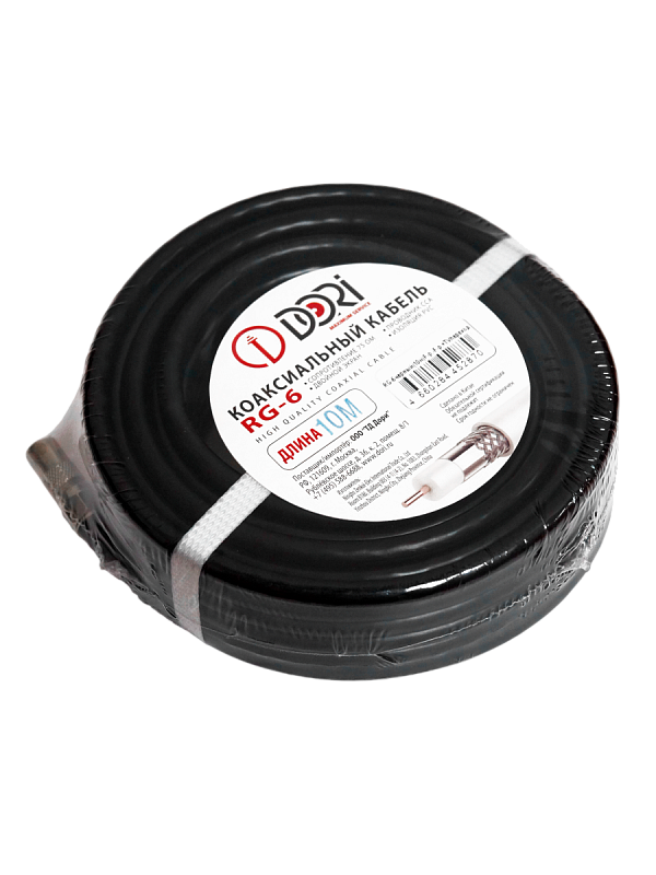 52870 Коаксиальный телевизионный кабель DORI RG-6 черный 10м (F-разъемы+TV-переходник), 1шт