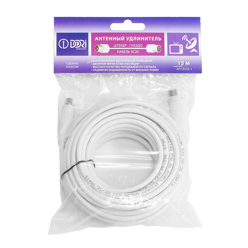 1133-1 Антенный удлинитель DORI 3с2v (белый) L=15 м (штекер-гнездо)