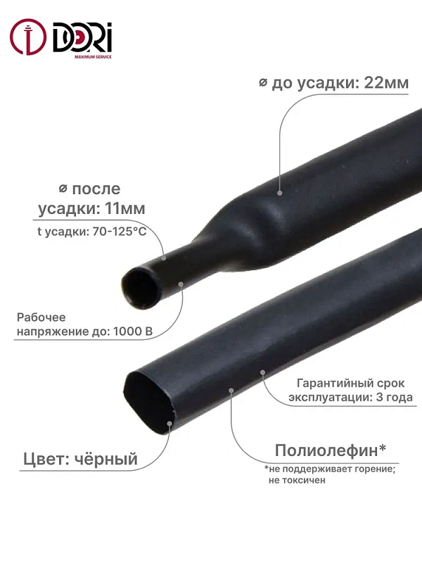51101 Термоусаживаемая трубка ТУТ 22/11, ролл 3м, черная