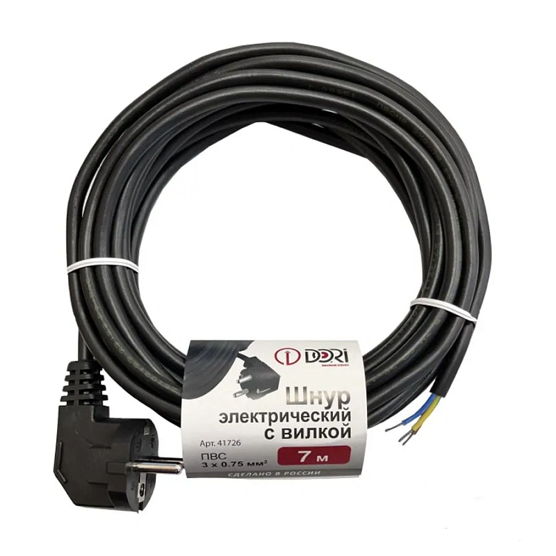 41726 Шнур ПВС 3х0,75 с вилкой  чёрный 7 м
