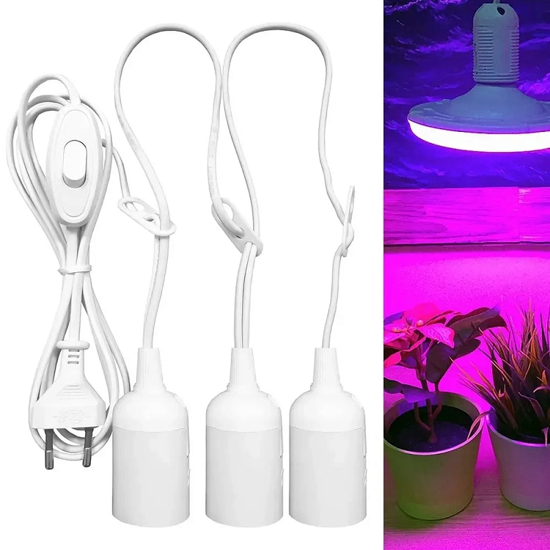 15767 Патрон DORI Е-27, подвесной со шнуром, вилкой и  выключателем 2м, гирлянда 3шт, белый