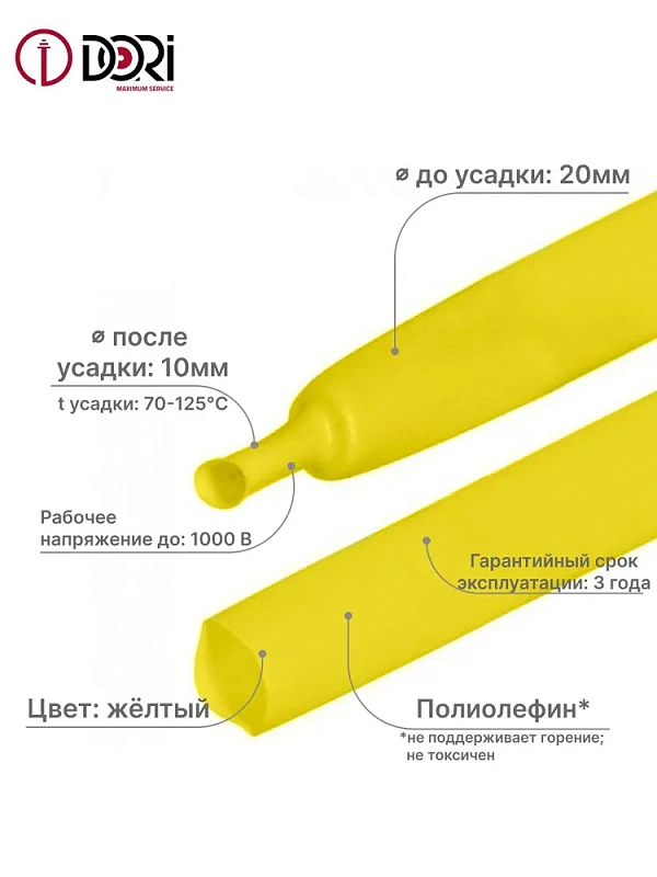 51491 Термоусаживаемая трубка ТУТ 20/10, ролл 3м, желтая