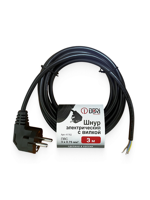 41702 Шнур ПВС 3х0,75 с вилкой  чёрный 3 м