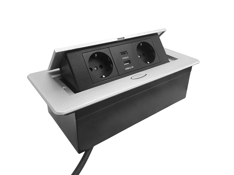 51736 Блок розеток Dori POP UP 2+USB-A+USB-C, выдвижной горизонтальный серебро