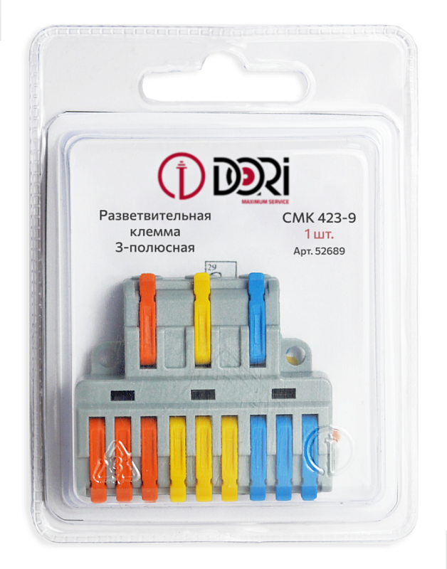 52689 Разветвительная клемма Dori (СМК 423-9) трехполюсная, 1шт.