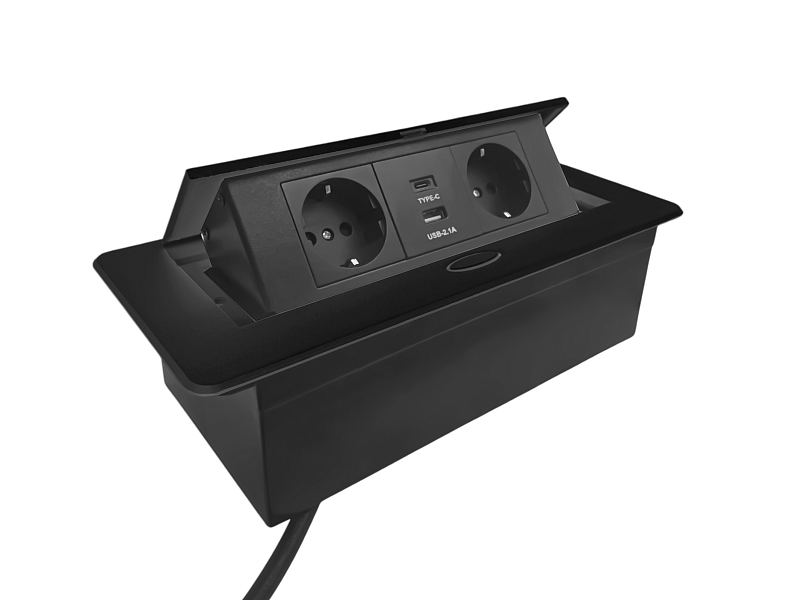 51729 Блок розеток Dori POP UP 2+USB-A+USB-C, выдвижной горизонтальный чёрный