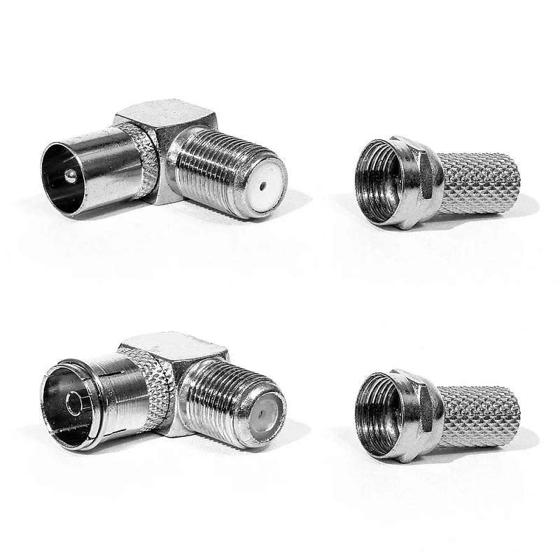 16818 Комплект TV-разъемов №1 (4шт) - F-гнездо-TV-штекер-угловой, переходник F-гнездо-TV-гнездо угловой, F-разъем - 2 шт.