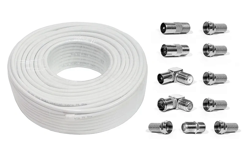 15033 Коаксиальный кабель RG-6 U белый CCA  (50м), + набор переходников №2